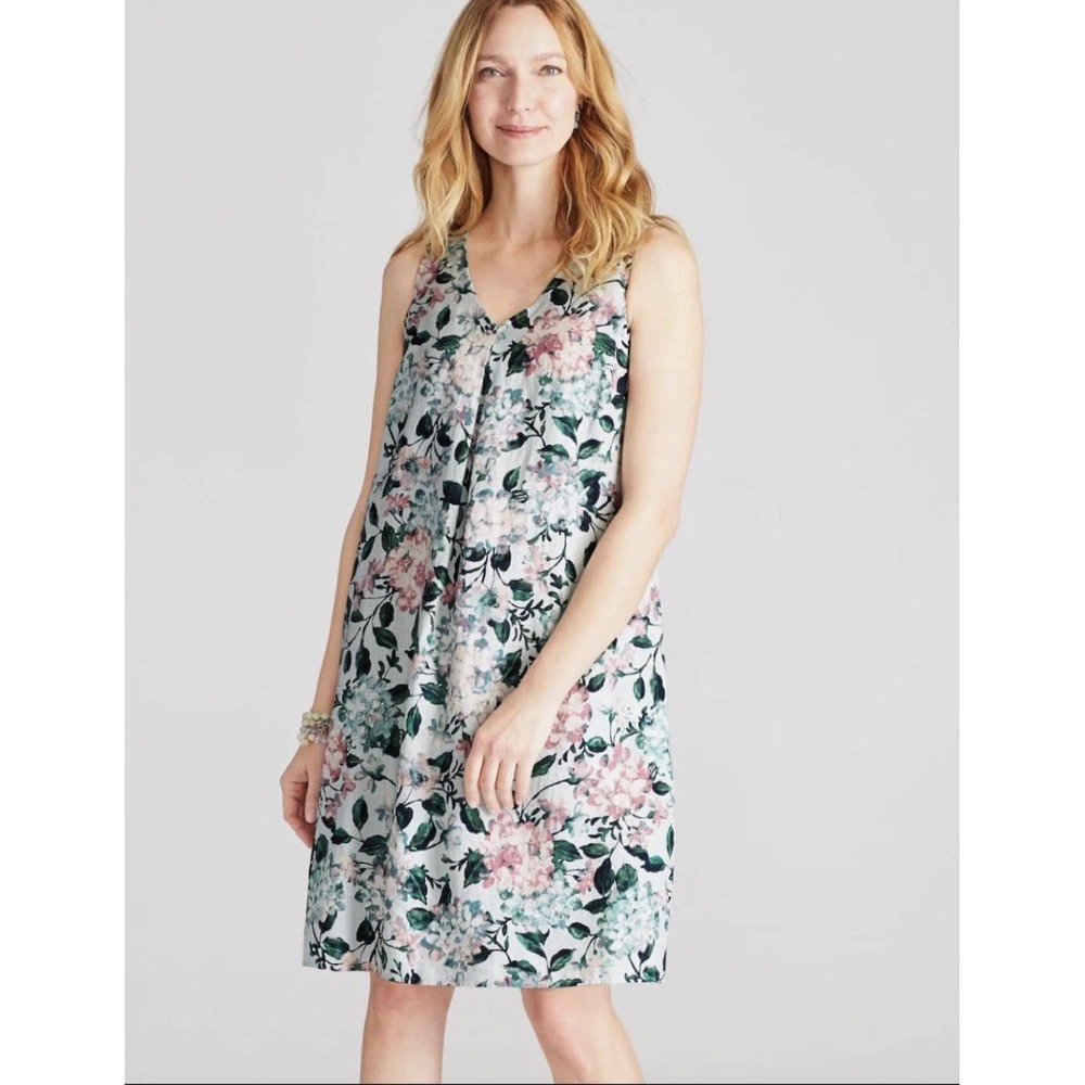 J. Jill Love Linen Floral Hydrangea V-Neck Shift Dress Pockets Botanical Summer